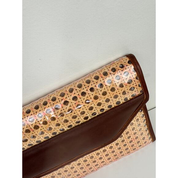 VINTAGE Raffia Rattan Leather Trim Woven Clutch Purse Handbag & Zip Pouch Bag - Picture 5 of 16